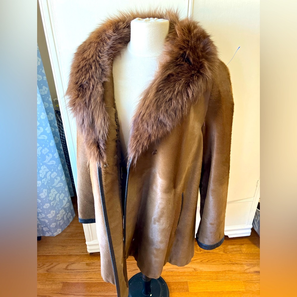 Vintage Real Shearling Coat with Genuine Fox Fur Collar Sam Fine Furs Women’s XL